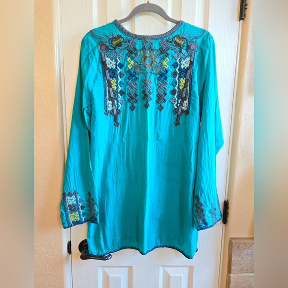 Johnny Was x Sundance Mila Embroidered Tunic Blouse Teal Blue Size Large EUC - Picture 4 of 14